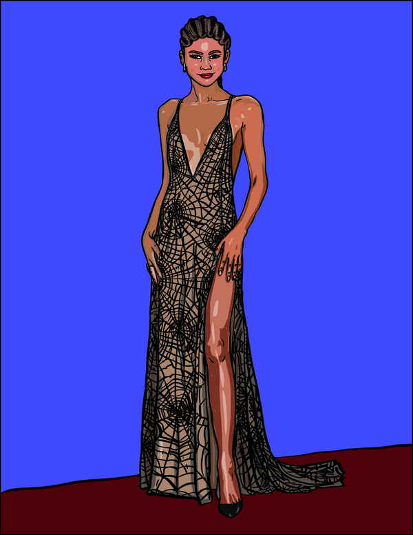 Digital portrait of celebrity Zendaya at red carpet event standing in front of purple backdrop created by our digital portrait artist | Altus Entertainment